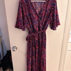 SHEIN Pink and Blue Printed Wrap Maxi Dress